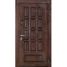 Дверь входная уличная Центурион, цвет лиственница мореная + черная патина, панель - стандарт цвет аляска гладкая